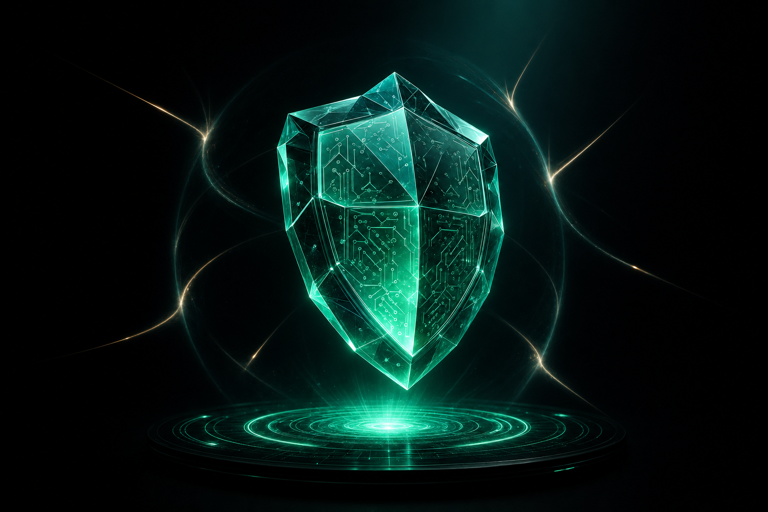 Escudo poliédrico de cristal con runas emerald brillantes, deflectando líneas de ataque sobre una plataforma con anillos concéntricos — representando la protección anti-jailbreak